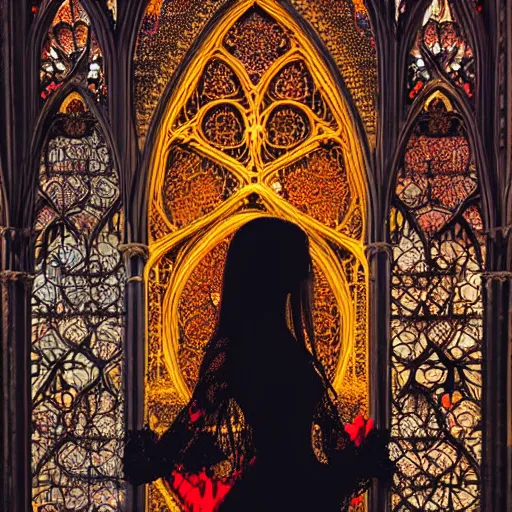 Image similar to landscape gothic girl dressed in black, perfect face, macro head shot, behind her a gothic cathedral, the windows of the cathedral are reflecting red flame lights, delicate mandala intricate ornaments