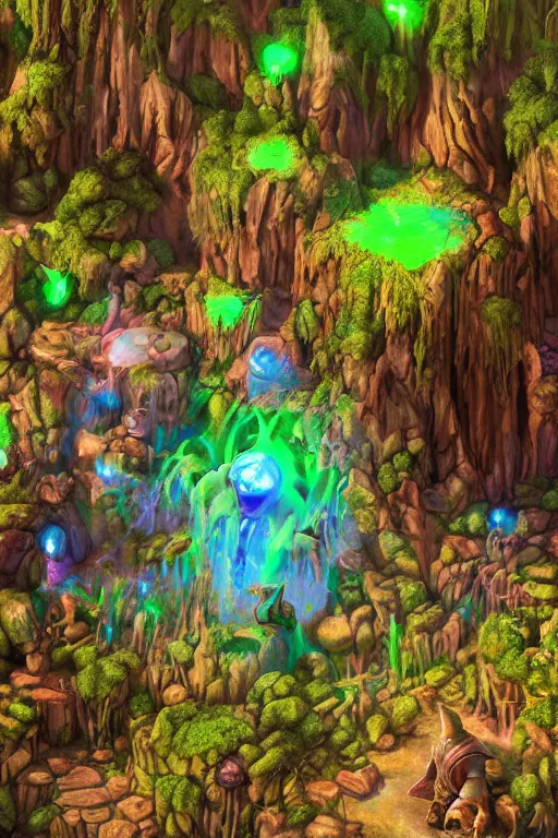 Image similar to zelda fantasy art giant golem troll wood rock greeble gemstone enchanted forest, global illumination ray tracing hdr fanart arstation by sung choi and eric pfeiffer and gabriel garza and casper konefal bastion forged hardmesh lisa frank zbrush central radiating a glowing aura global illumination ray tracing hdr