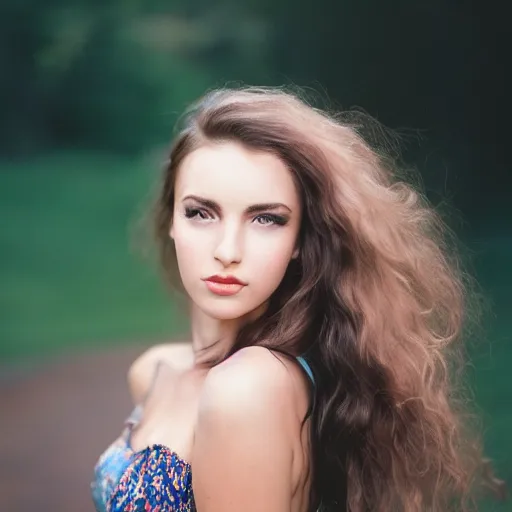 Prompt: professional outdoor portrait of a very beautiful young woman with gorgeous eyes, high cheek bones, flowing hair, medium format, 8 5 mm f 0. 9, fuji 4 0 0 h