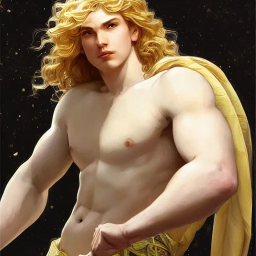 Image similar to Apollo the pale blond Greek God league of legends on his day off, long fluffy curly blond hair, highly detailed, digital painting, artstation, concept art, smooth, sharp focus, illustration, ArtStation, art by artgerm and greg rutkowski and alphonse mucha and Edmund Blair Leighton and Charlie Bowater