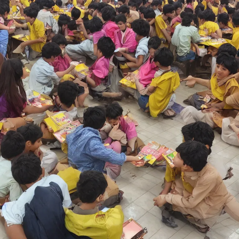 Prompt: a girl getting yellow packet of chocolates for two boys, college canteen area, surrounded by a lot of people, highly detailed, 4k, satisfying