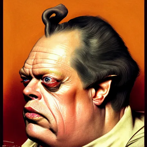 Image similar to dramatic upper body portrait of steve buscemi as baron harkonnen by norman rockwell and boris vallejo, artstation, concept creature character art, Dune 2021