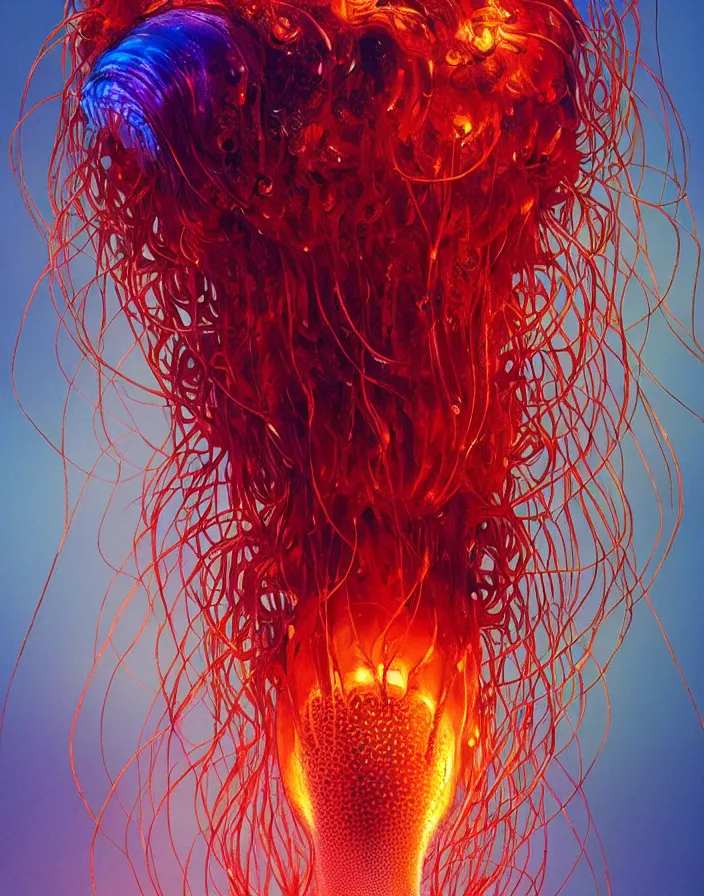 Prompt: dachshund jellyfish phoenix, burning halo, intricate artwork by Tooth Wu and wlop and beeple, greg rutkowski, hyperrealism, high detail, vibrant colors, high contrast, depth of field