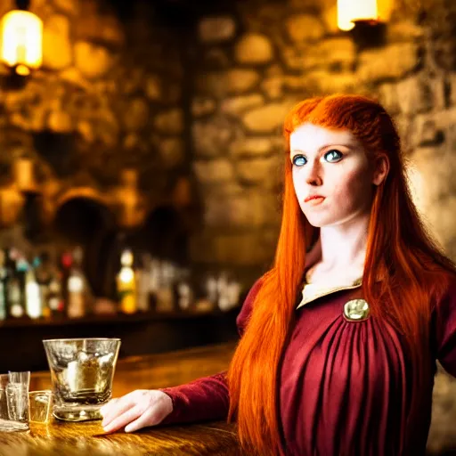 Prompt: beautiful bar maid with auburn hair and green eyes, in a medieval tavern, dramatic, cinematic, filmic, 7 5 mm, f / 1. 8