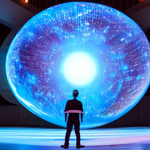 Image similar to high quality professional wide angle photo of large scale immersive installation width large led screen on top, mirror on floor and big sphere for video projection on center. stage design by es devlin. installation about deep nebula space and proto planet. young man raises his hand under the sphere which looks like a planet and the planet visually reacts to it with fluid stains on the surface.