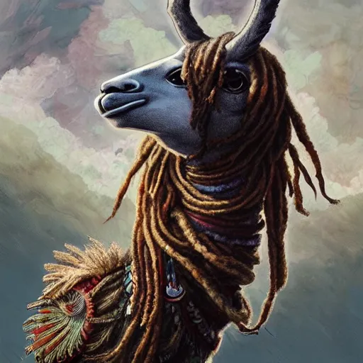 Prompt: llama with dreadlocks, heroic pose, industrial sci-fi, by Mandy Jurgens and Warhol, Ernst Haeckel, James Jean, artstation, concept art