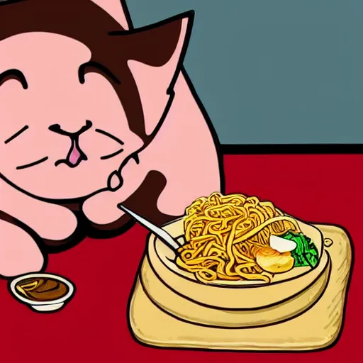 Image similar to fat cat eating ramen noodles on toast, japanese art