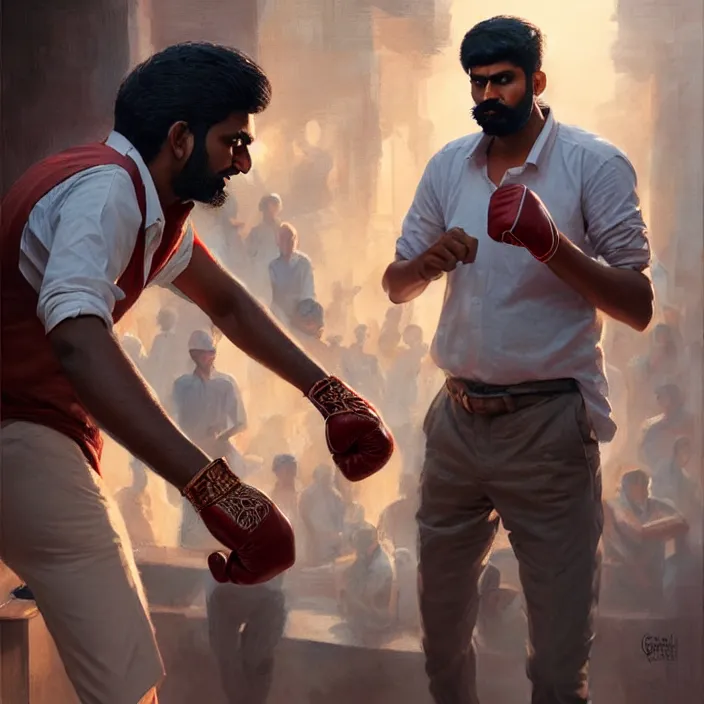 Image similar to portrait of tall indian man punching a short white man outside a bar, elegant, real life skin, intricate artwork, high detailed, artstation, concept art, smooth, sharpz focus, art by artgerm and greg rutkowski