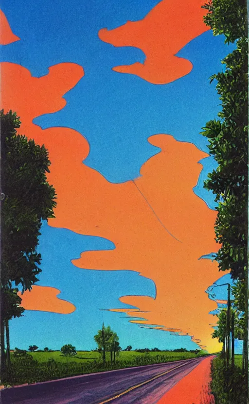 Image similar to paperback book cover. 1 9 7 0 s. pure colors, melting clouds, accurately drawn details, a sunburst above a receding road with the light reflected in furrows and ruts, after rain. and no girls.