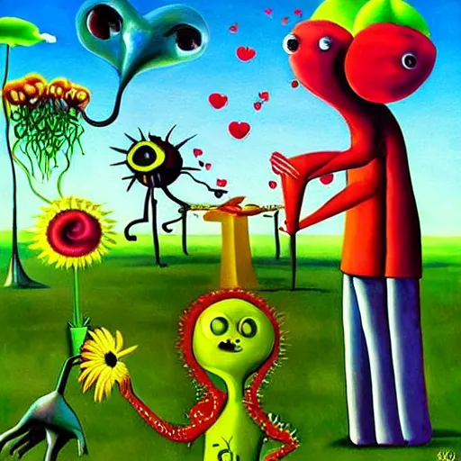 Prompt: surrealism painting of love by plants vs zombies