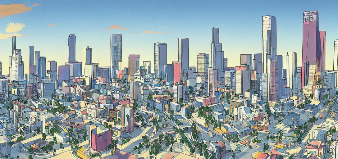 Prompt: concept illustration art for los angeles skyline by lou romano and dice tsutsumi