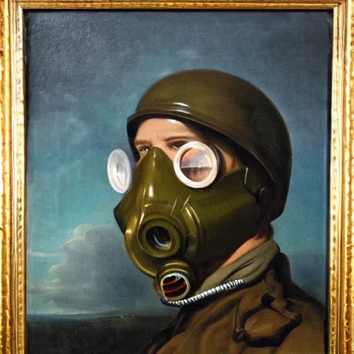 Prompt: portrait painting of a American ww2 soldier with gas mask by George Stubbs, renaissance painting, oil painting, old master, Close up