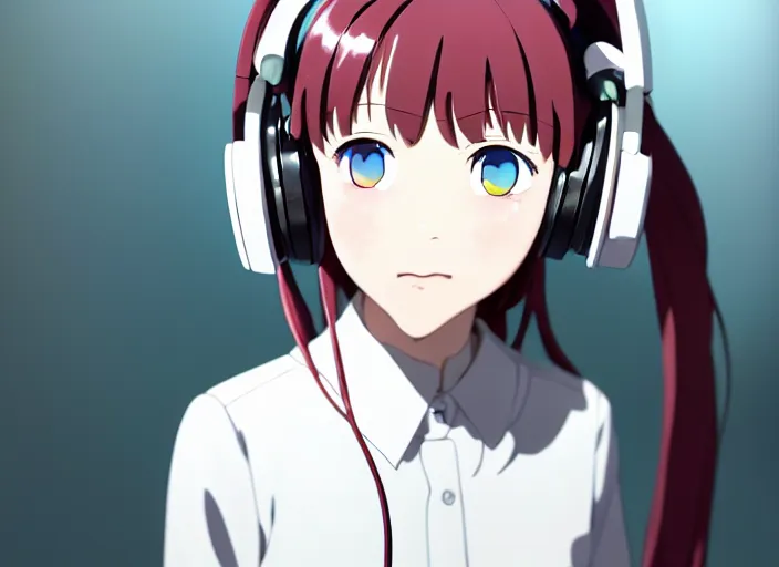 Image similar to a film still portrait of a white long hair red eyed young cute girl wearing a headset in a room interior, closeup, perfect art, gapmoe yandere, trending on pixiv fanbox, painted by makoto shinkai takashi takeuchi studio ghibli