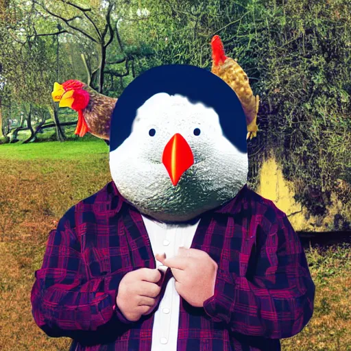 Image similar to photo, fat man with chicken head instead of his head