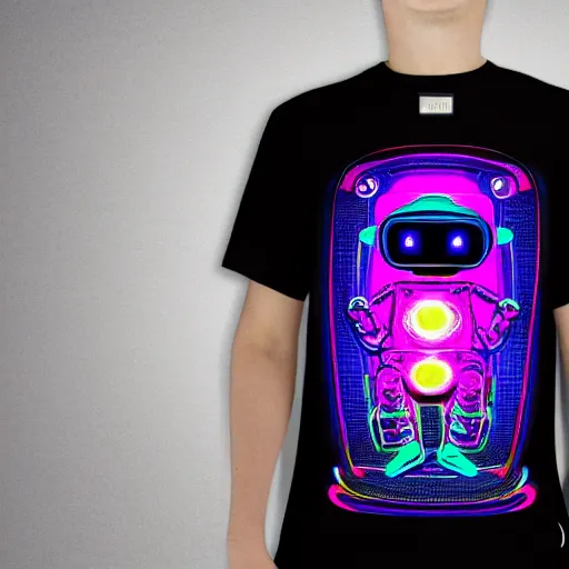 Prompt: fashion photo of a black tshirt with a hyperdetailed portrait of a futuristic trippy cute meditating robot, 8 k, symetrical, fluorescent colors, halluzinogenic, multicolored tshirt art,