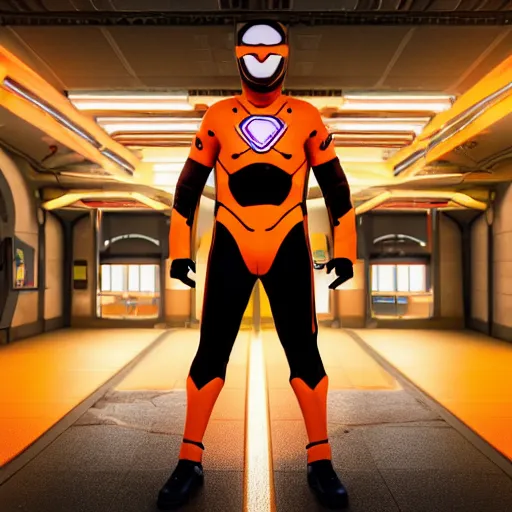 Image similar to rex orange county as a superhero with orange armor suit, highly detailed, octane render, rendered in unreal engine 5, 8 k, hyperrealistic, trending on artstation