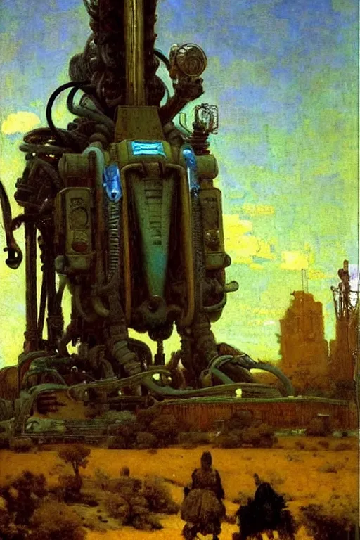 Image similar to fallout, huge machine robot, cool tint, painting by, gaston bussiere, johannes vermeer