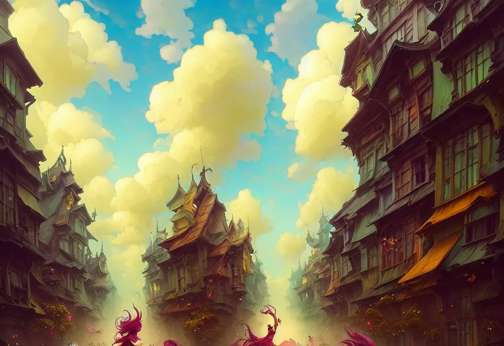 Image similar to funk dance girls going crazy on the street layered clouds, deep focus, fantasy, intricate, elegant, highly detailed, digital painting, artstation, concept art, matte, sharp focus, illustration, hearthstone, art by rhads and artgerm and greg rutkowski and alphonse mucha. gediminas pranckevicius