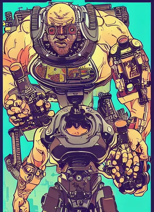 Prompt: buff cyberpunk weight lifter. robotic arm. portrait illustration, pop art, splash painting, art by geof darrow, ashley wood, alphonse mucha, makoto shinkai, laurie greasley, josan gonzales ( apex legends )