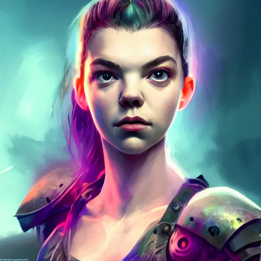 Image similar to anya taylor - joy portrait, dystopia core, apocalyptic, armor, warrior, dramatic, sharp focus, fiction, neon, fantasy, hyper detailed, digital art, trending in artstation, cinematic lighting, studio quality, smooth render, unreal engine 5 rendered, octane rendered, art style and nixeu and wlop and krenz cushart