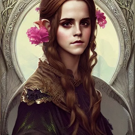 Prompt: Studio portrait of Emma Watson as a fantasy elf, art nouveau, Tom Bagshaw