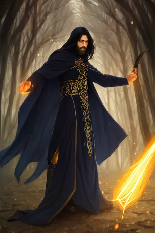 Prompt: handsome male mage fighting, long black hair blue eyes wearing cloth mantle gothic navy cloak with gold details, tree town, fantasy character portrait, ultrarealistic, intricate details, elegant, cinematic lighting, highly detailed, artstation, cgsociety, sharp focus, beautiful digital painting by artgerm, wlop, alphonse mucha