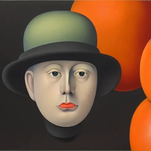 Image similar to a magritte painting masterpiece exposed in Paris : an apple talking to an orange on black hat, This 4K HD image is Trending on Artstation, featured on Behance, well-rendered, extra crisp