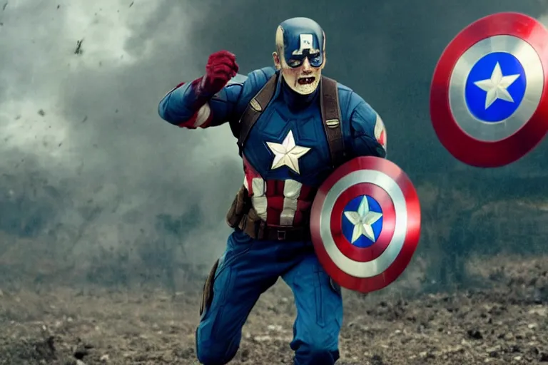 Prompt: film still of zombie Captain America in new avengers movie, 4k