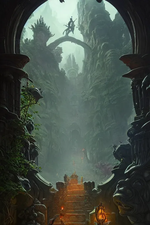 Prompt: deadly path to the crocodile god lair, menacing statues, deep focus, d & d, fantasy, intricate, elegant, highly detailed, digital painting, artstation, concept art, matte, sharp focus, illustration, hearthstone, art by artgerm and greg rutkowski and alphonse mucha