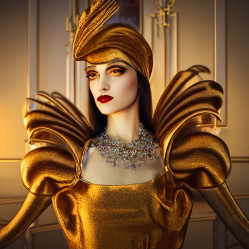 Prompt: innovative avant-garde art, deco fashion, royal theme, highly detailed, photorealistic portrait, golden hour, crisp quality and light reflections, unreal engine 5 quality render