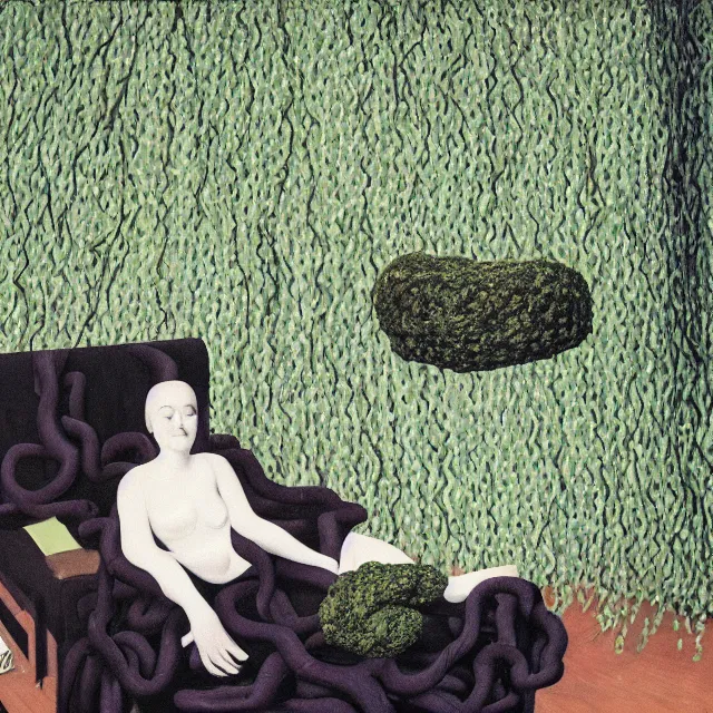 Prompt: a pathology student in her apartment, wrapped in vines, large stones, octopus, black walls, ikebana, black armchair, puddles, moss, acrylic on canvas, surrealist, by magritte and monet