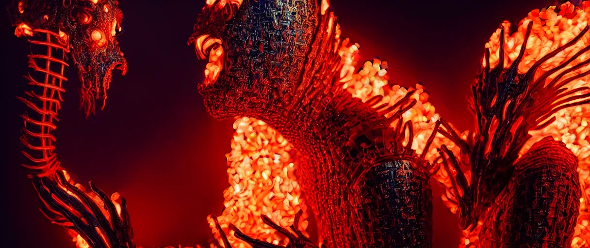 Image similar to hyperrealist highly detailed english medieval portrait of high fashion monster wearing flame fire smoke flame armor, radiating atomic neon corals, veiny network growth with neon uranium pattern, concept art pascal blanche dramatic studio lighting 8k wide angle shallow depth of field
