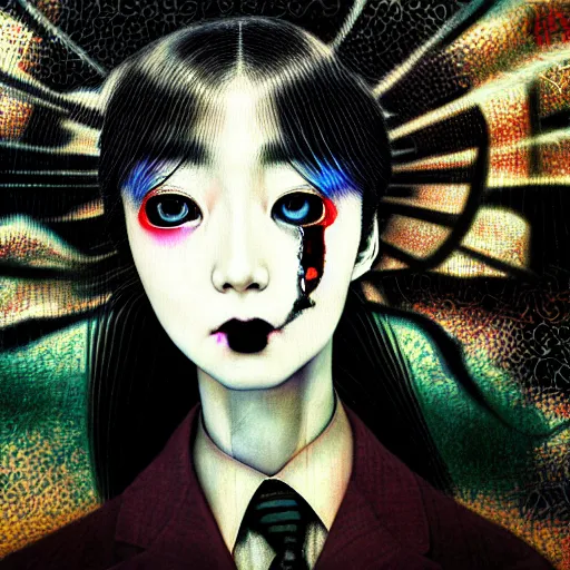 Image similar to yoshitaka amano blurred and dreamy realistic three quarter angle portrait of a young woman with black lipstick and black eyes wearing dress suit with tie, junji ito abstract patterns in the background, satoshi kon anime, noisy film grain effect, highly detailed, renaissance oil painting, weird portrait angle, blurred lost edges