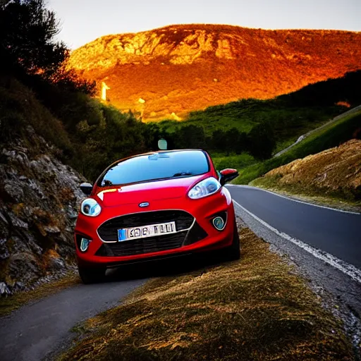 Image similar to red ford fiesta mk 6 zetec on a mountain road, spain, award winning photograph, golden hour
