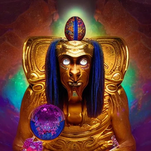 Image similar to detailed image of the god thoth, dye transfer style, insects and crystals deflecting light, deep jewel tones, cinematic lighting, epic composition, hyper realistic, extreme detail, esoteric symbolism, ultra high quality, 3 d render, 8 k, by tyler edlin, by cory loftis, by cyril rolendo and rhads