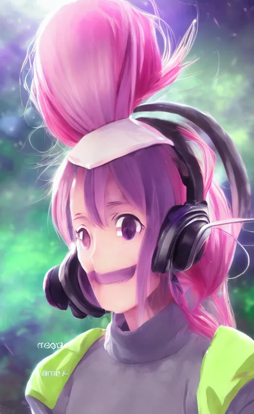 Prompt: anime girl with pink ponytail, wearing purple headphones, wearing a green sweater, with a smile on her face and her eyes closed, walking down a street, dynamic lighting, photorealistic fantasy concept art, trending on art station, very detailed, anime concept art, stunning visuals, creative, cinematic, ultra detailed