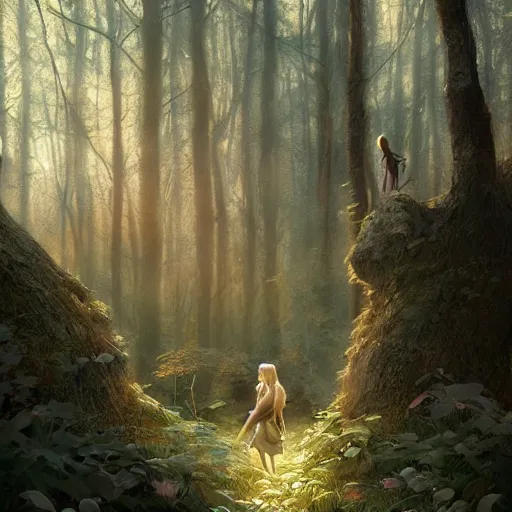 Prompt: blonde woman inside fairy forest, digital art, photorealistoc, art by greg rutkowski, hyperdetailed, western comic style, comic, comic style, sharp lineart, professional lighting, deviantart, artstation, trevor henderson, rossdtaws, cinematic, dramatic