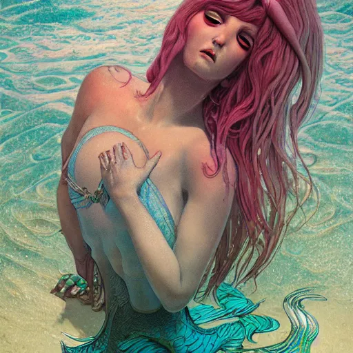 Prompt: mermaid crying by william barlowe and pascal blanche and tom bagshaw and elsa beskow and enki bilal and franklin booth, neon rainbow vivid colors smooth, liquid, curves, very fine high detail 3 5 mm lens photo 8 k resolution