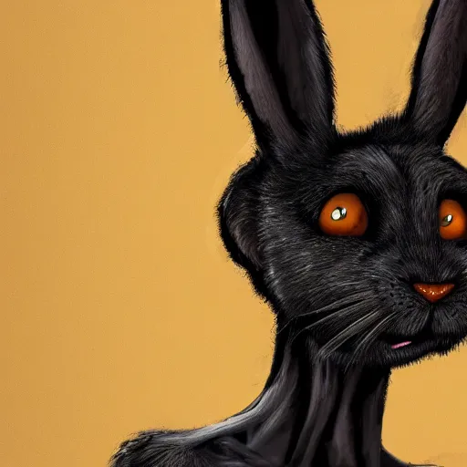 Image similar to A extremely highly detailed majestic hi-res beautiful, highly detailed head and shoulders portrait of a scary terrifying, horrifying, creepy black cartoon rabbit with scary big eyes, earing a shirt laughing, hey buddy, let's be friends, in the style of Walt Disney animation