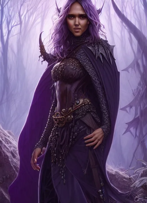 Image similar to portrait jessica alba, adventurer outfit large cloak, fantasy forest landscape, dragon scales, fantasy magic, undercut hairstyle, short purple black fade hair, dark light night, intricate, elegant, sharp focus, illustration, highly detailed, digital painting, concept art, matte, art by wlop and artgerm and greg rutkowski and alphonse mucha, masterpiece