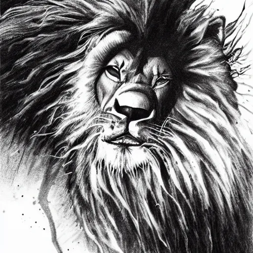 Prompt: Black and white drawing of Scar killing Mufasa from The Lion King, Stephen Gammell style, evil, high detail, Scary Stories