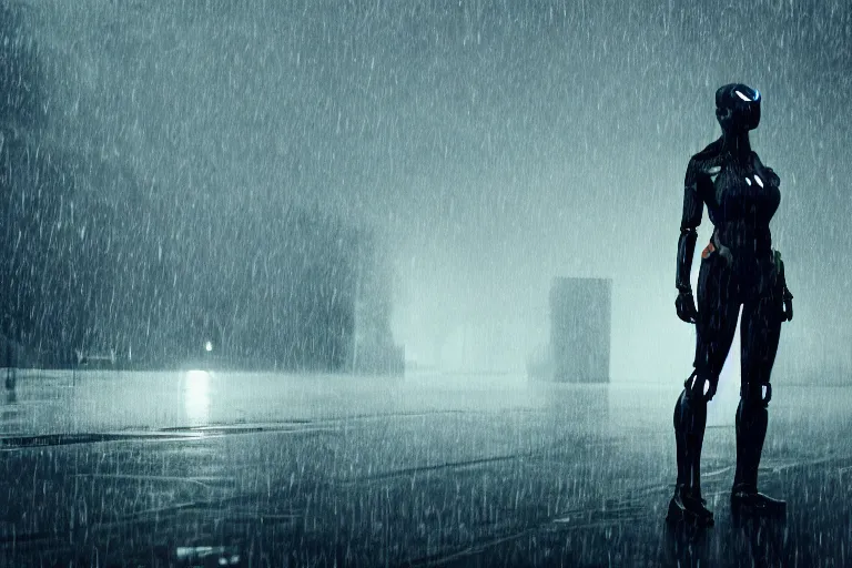 Prompt: vfx marvel sci-fi woman black super hero robot photo real full body action pose closeup, city street cinematic lighting, rain and fog by Emmanuel Lubezki