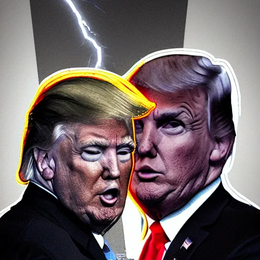 Image similar to donald trump and mike pence lightning battle, dark background, dramatic, award - winning,