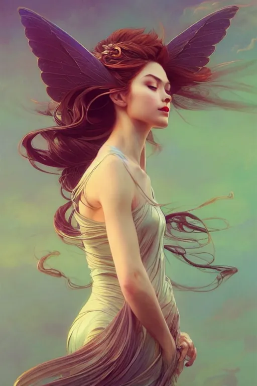 Image similar to 3 / 4 view of a portrait of woman with flowy hair, bird wings, confident pose, pixie, genshin impact, intricate, elegant, sharp focus, illustration, highly detailed, concept art, matte, trending on artstation, bright colors, art by wlop and artgerm and greg rutkowski, mucha, marvel comics