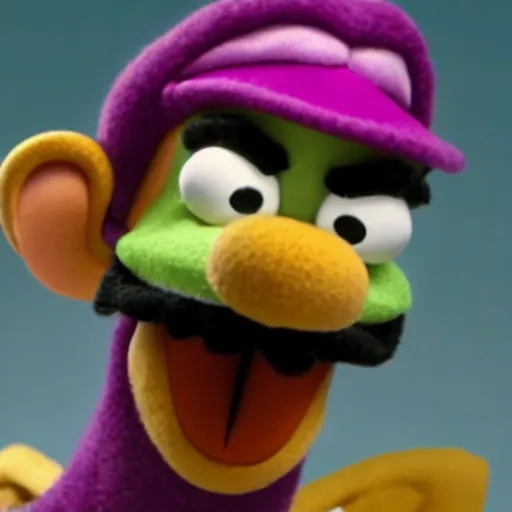 Image similar to A still of Waluigi as a Muppet, photorealistic