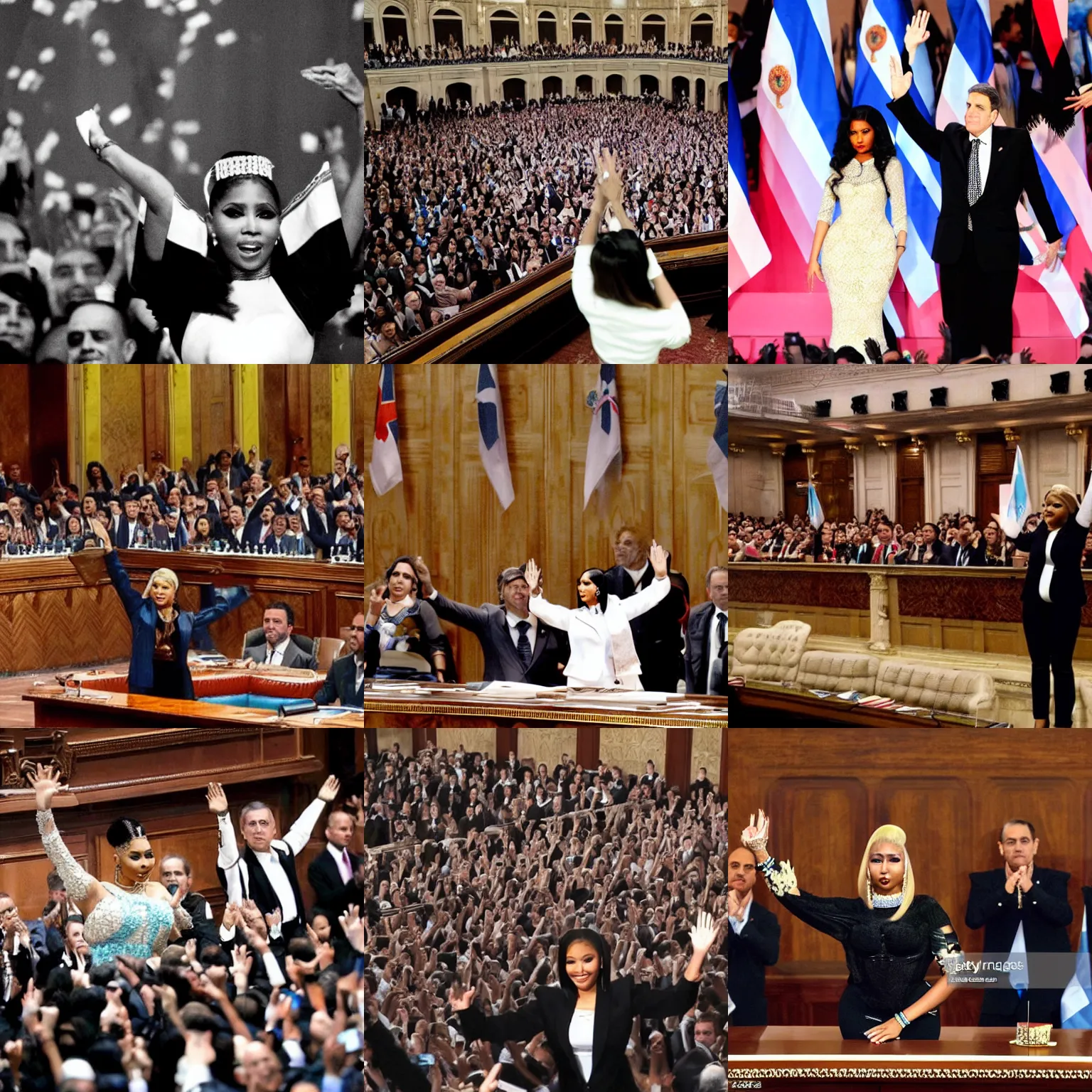 Prompt: Nicki Minaj president of Argentina, waving hands as Evita, in the Argentine Congress, flags of Argentina behind, detailed picture