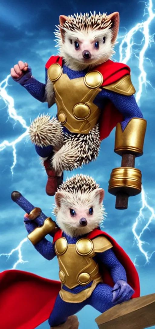 Image similar to the hedgehog thor ~ holding his hammer ~ dramatic thunder background ~ fighting scene ~