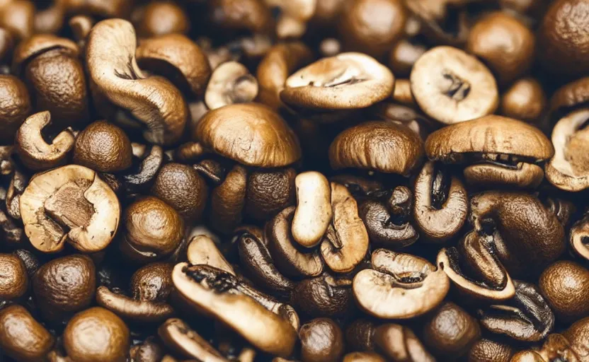 Prompt: mushrooms growing from coffee beans, photography