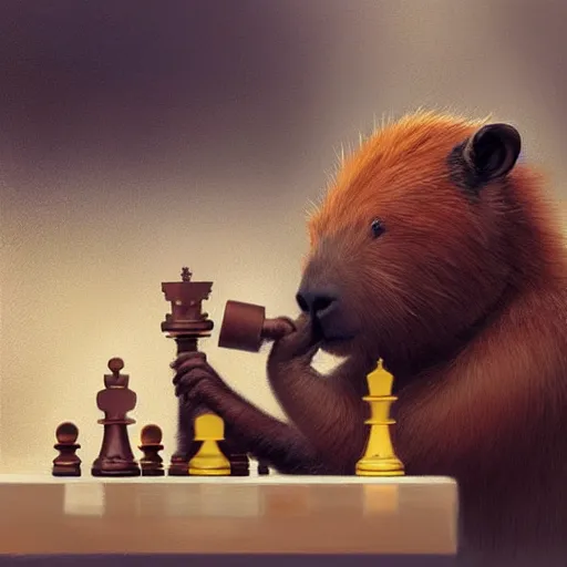 Prompt: detailed photorealistic painting of a cute capybara holding a chess pawn, sharp focus in the style of ruan jia, Mandy jurgens, cinematic light, concept art, trending on artstation, ultra realistic