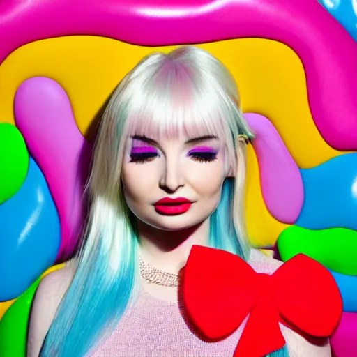 Image similar to kim petras in candyland portrait, eyes closed, album cover